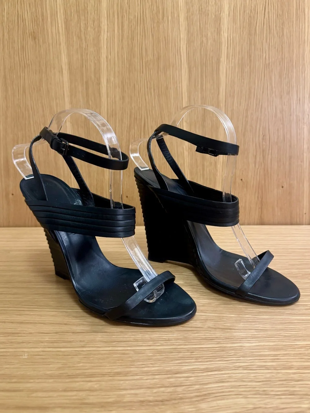 Bottega Veneta Black Leather Wrap-Around Wedge Sandals